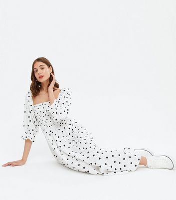 New look puff sleeve cheap midi dress in blue spot