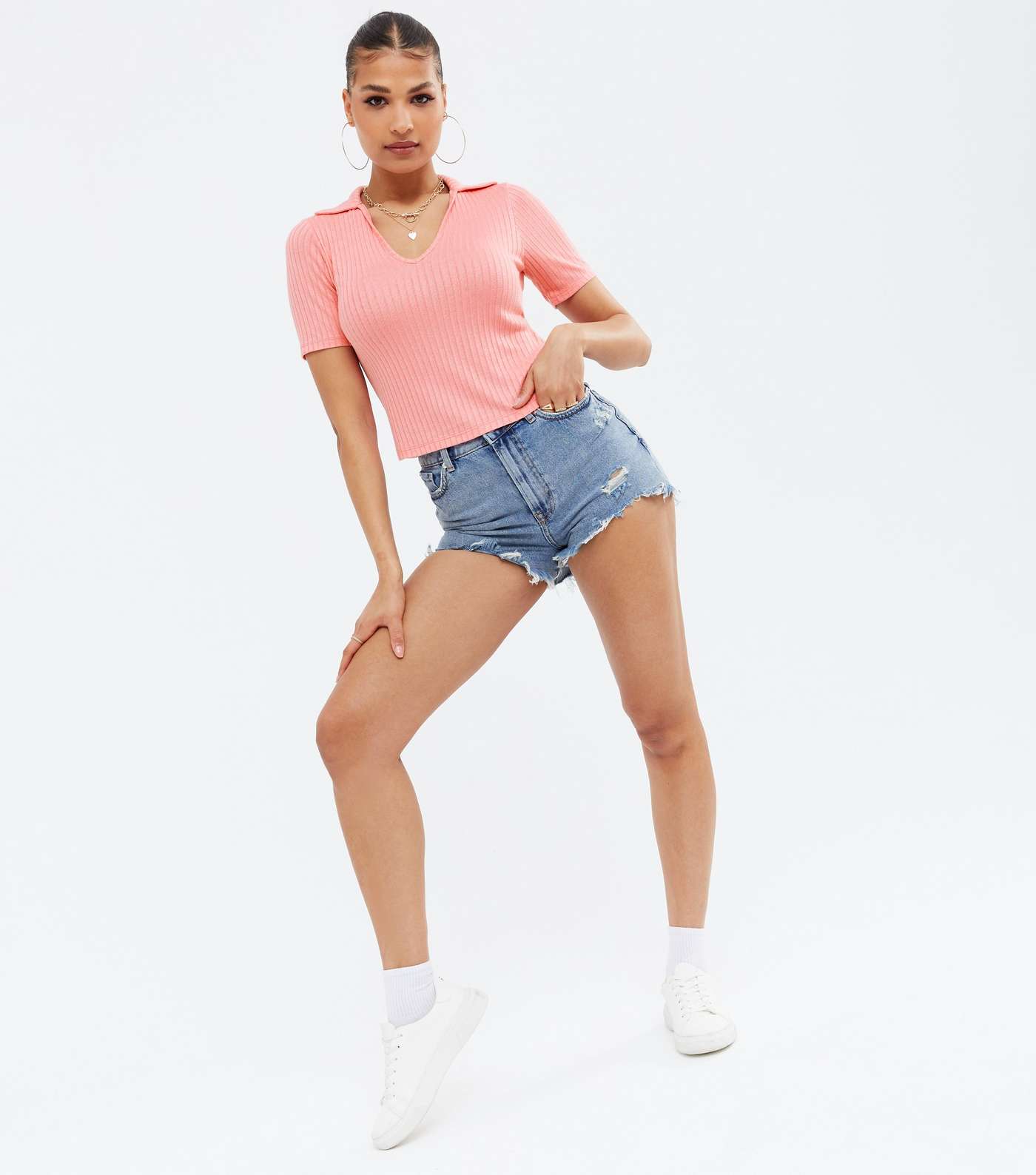 Bright Pink Ribbed Fine Knit Polo T-Shirt  Image 2