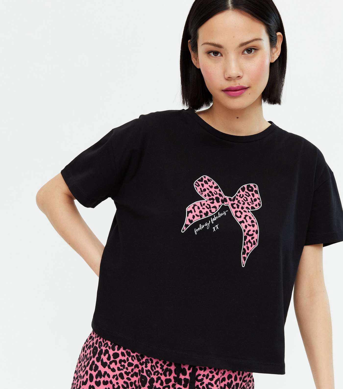 Black Leopard Print Bow Logo Short Pyjama Set Image 2