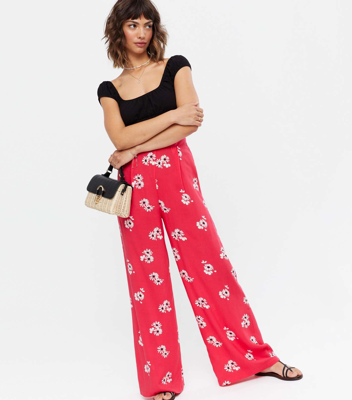 Red Floral High Waist Wide Leg Trousers