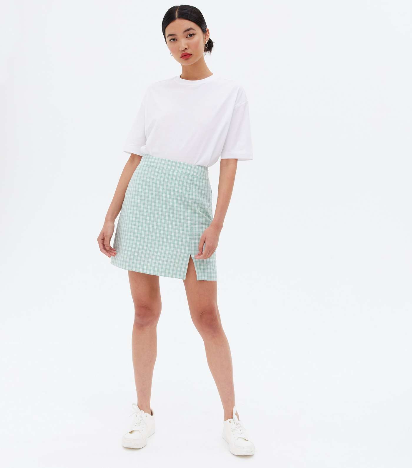Mint Green Check High Waist Split Hem Mini Skirt
