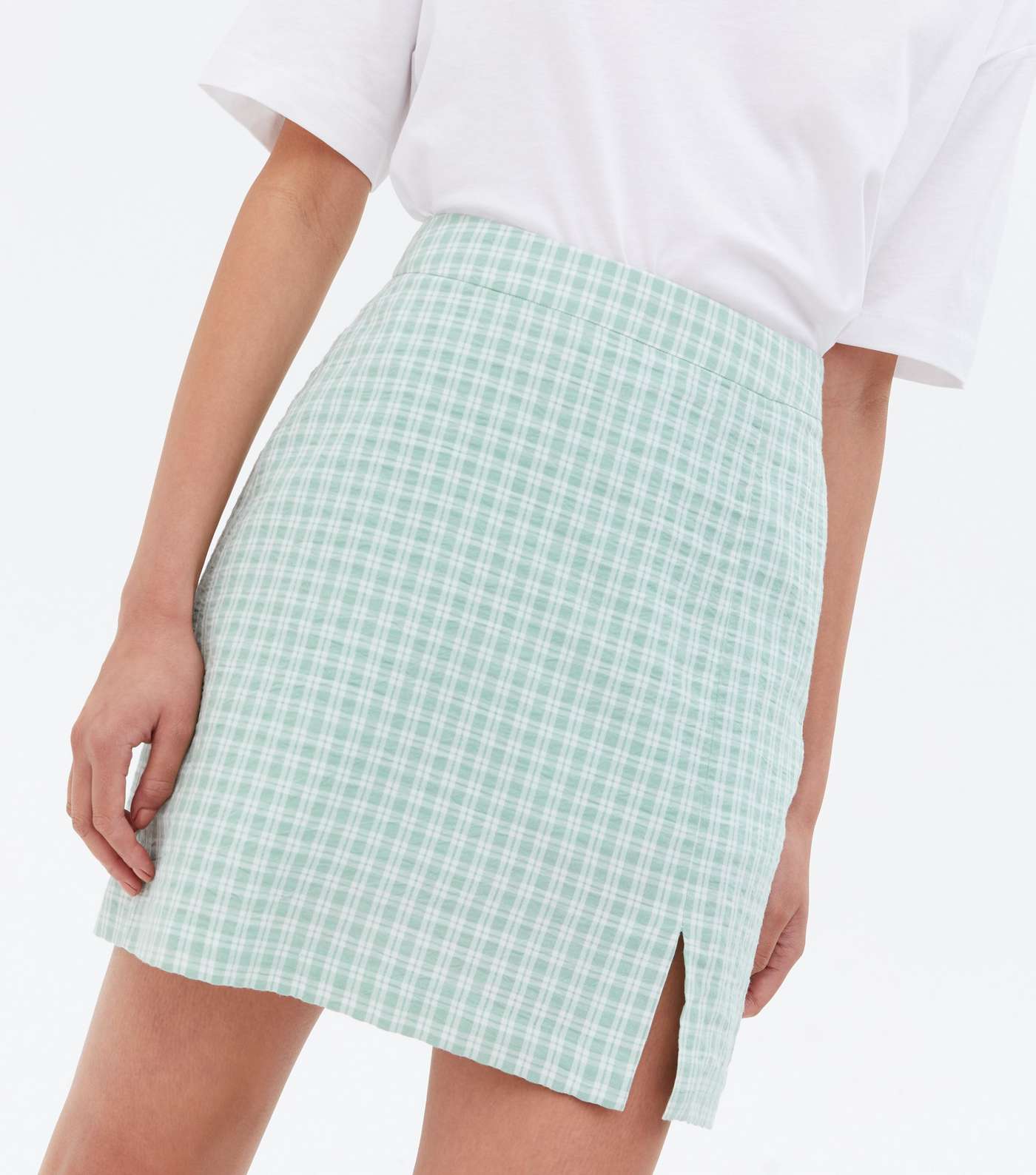 Mint Green Check High Waist Split Hem Mini Skirt Image 3