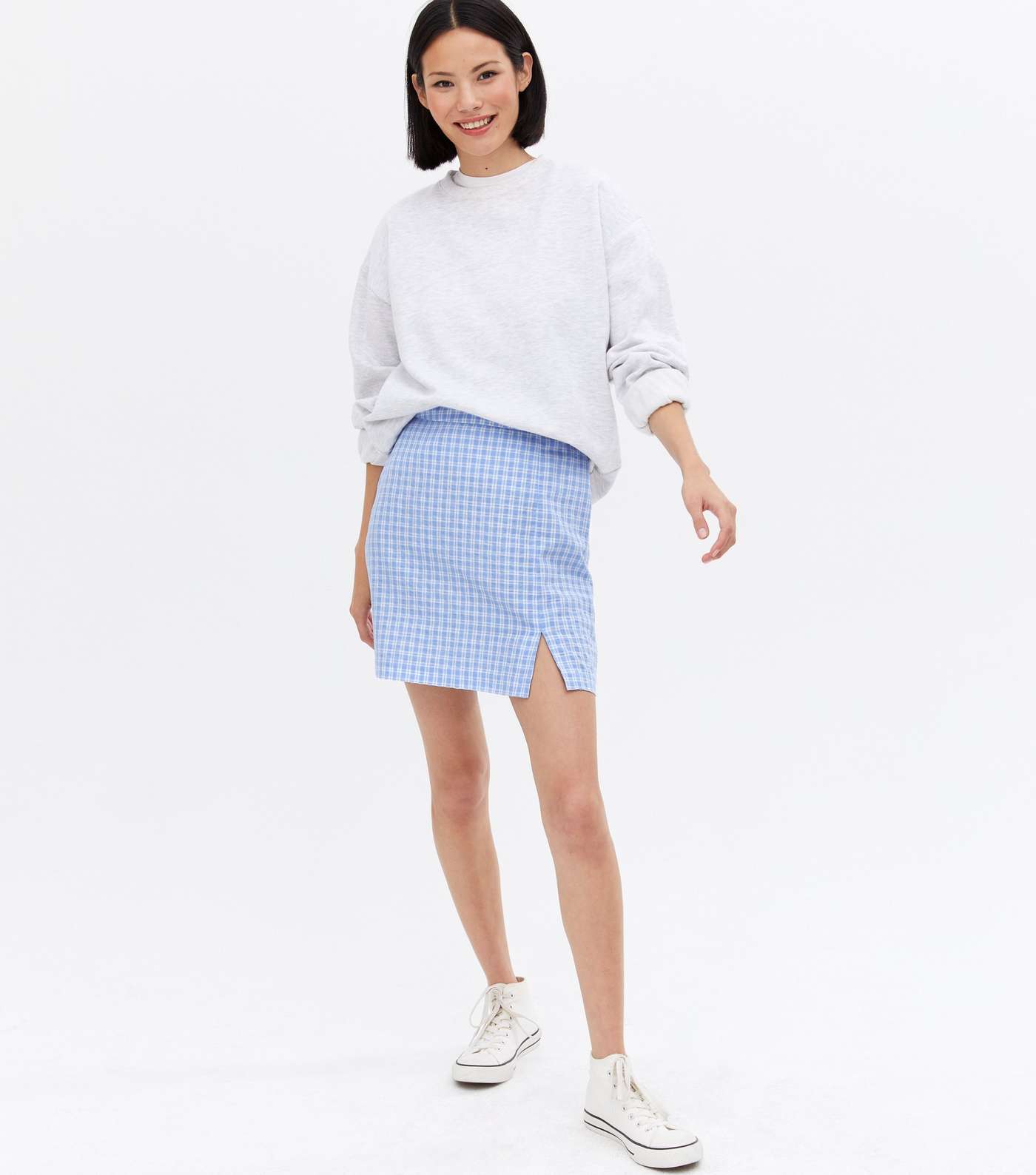 Blue Check High Waist Split Hem Mini Skirt