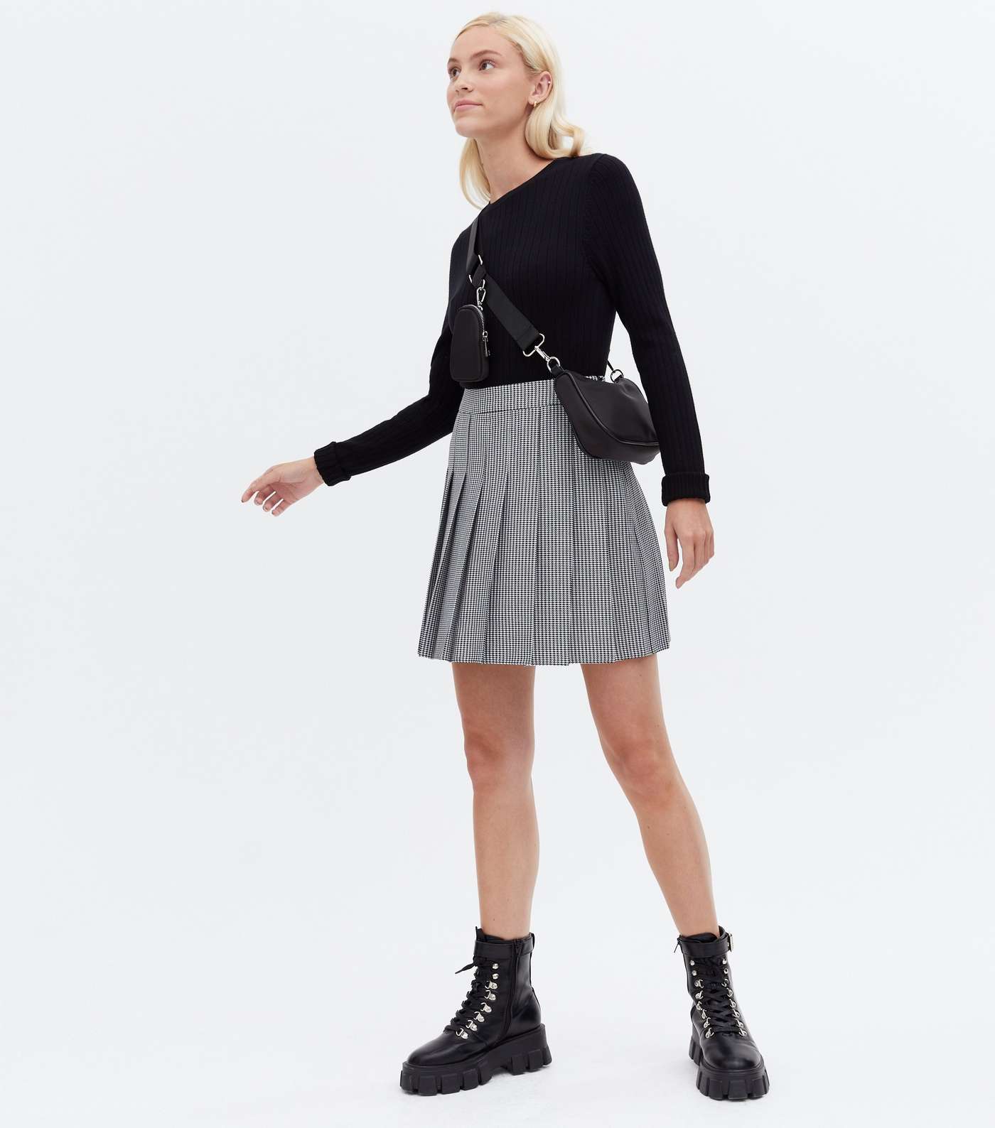 Black Dogtooth Pleated Mini Tennis Skirt