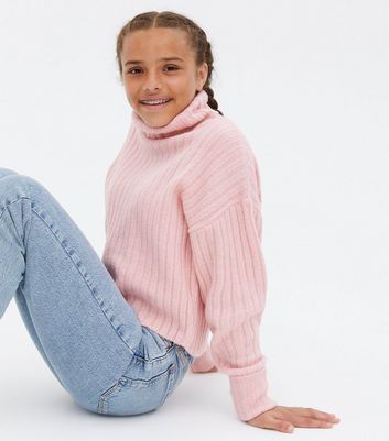 pink ribbed polo neck jumper