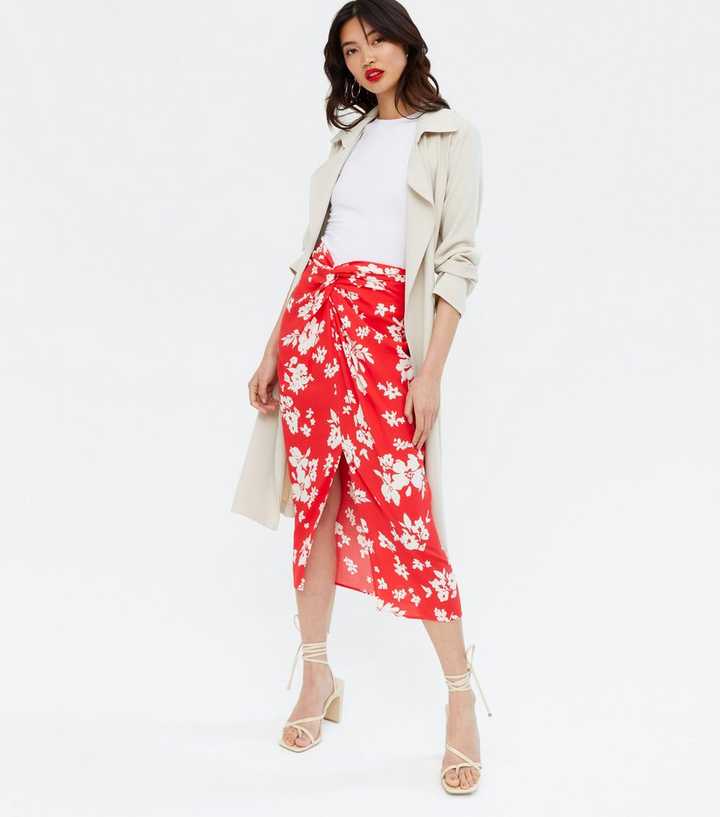 Red Floral Knot Front Midi Skirt 