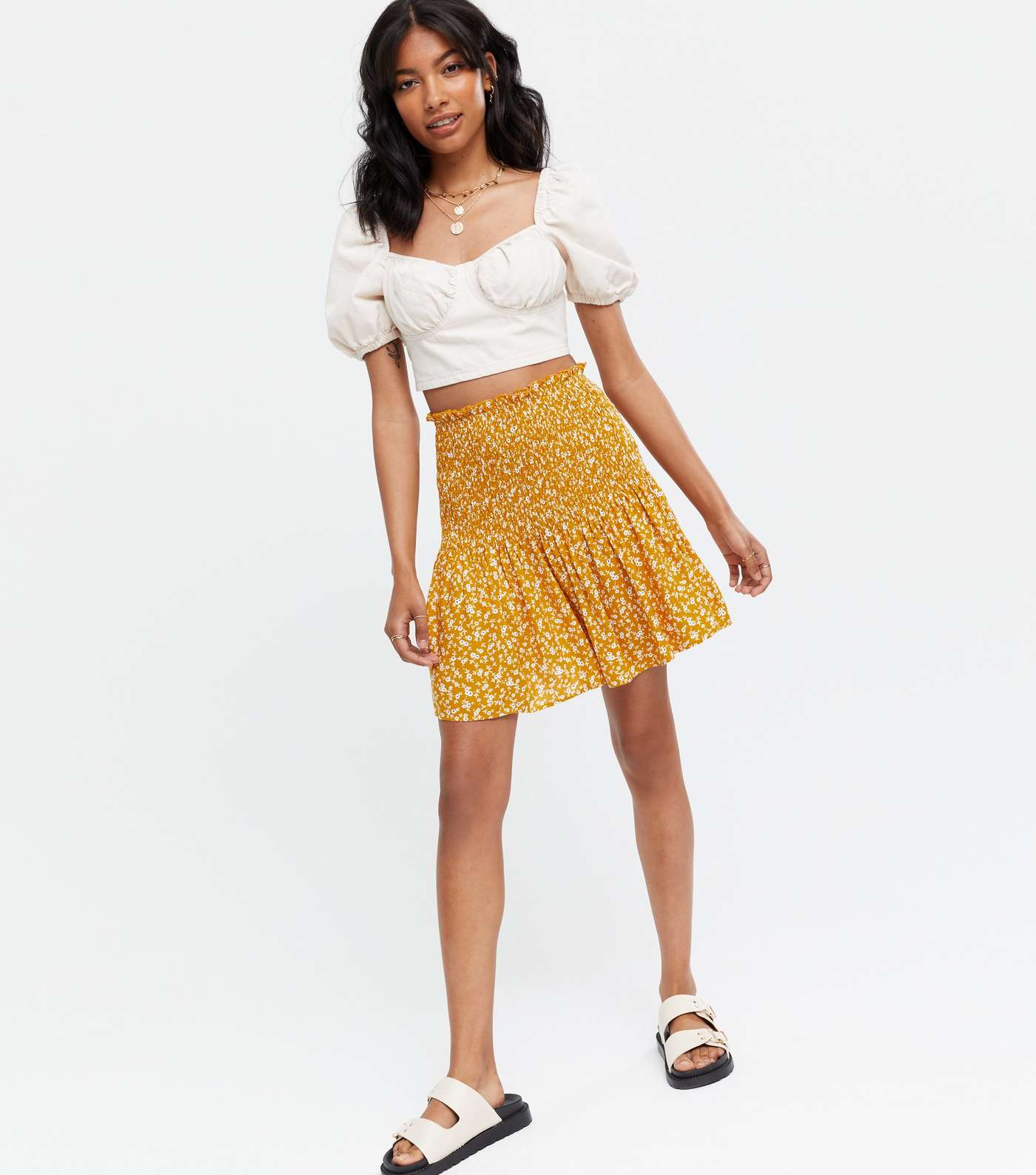 Mustard Floral Shirred Mini Skirt
