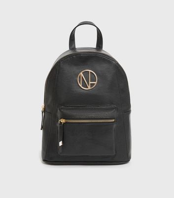 Black Leather Look NL Logo Backpack New Look