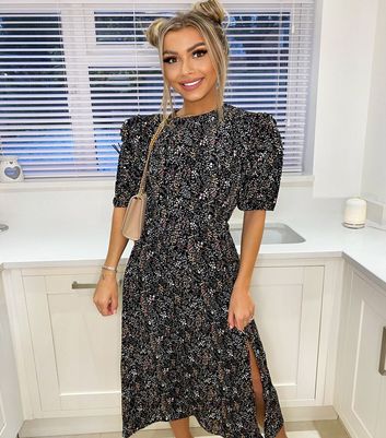 AX Paris Black Floral Puff Sleeve Split 