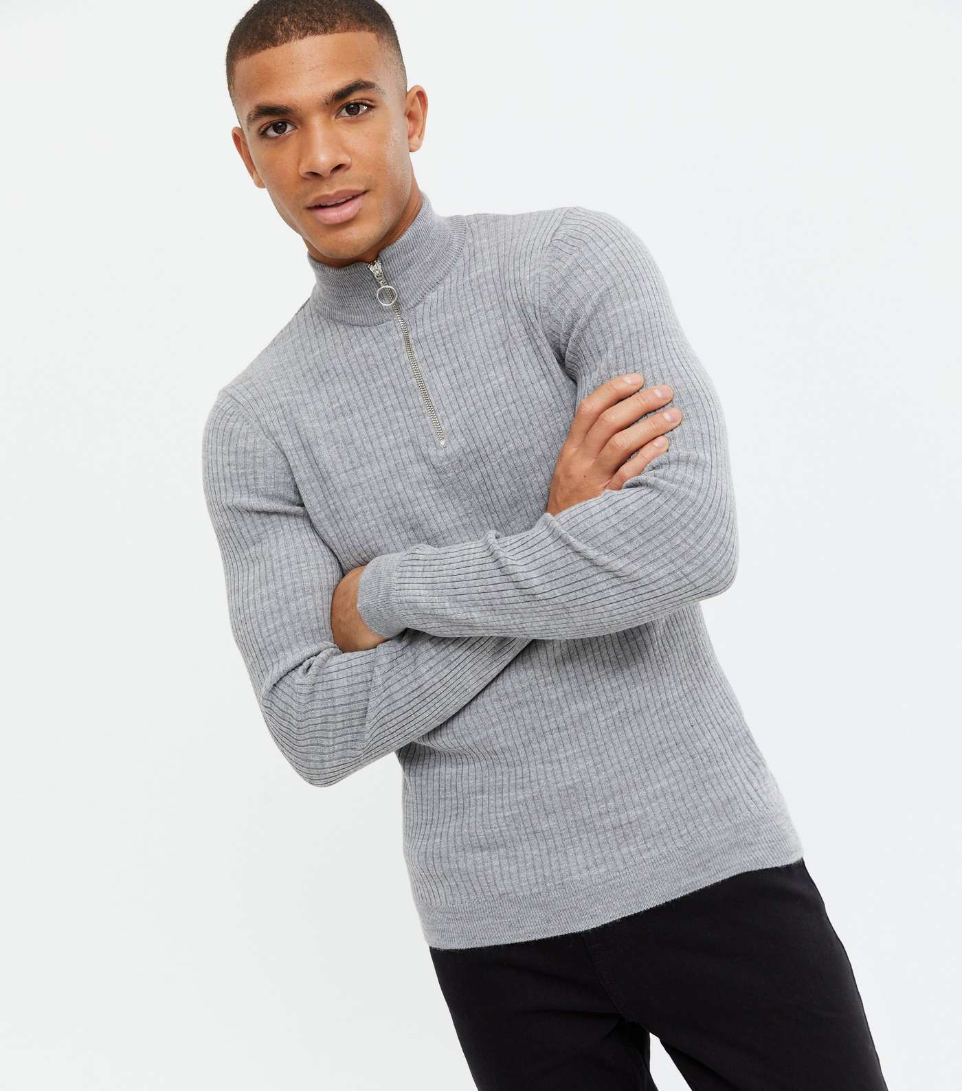 Pale Grey Ribbed Fine Knit Muscle Fit Jumper