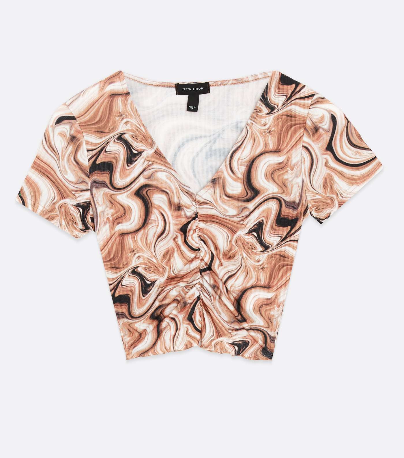 Brown Marble Ribbed Ruched Crop T-Shirt Image 5