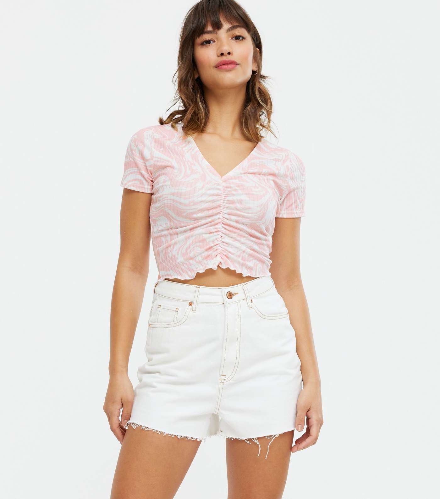 Pink Marble Ribbed Ruched Crop T-Shirt 
