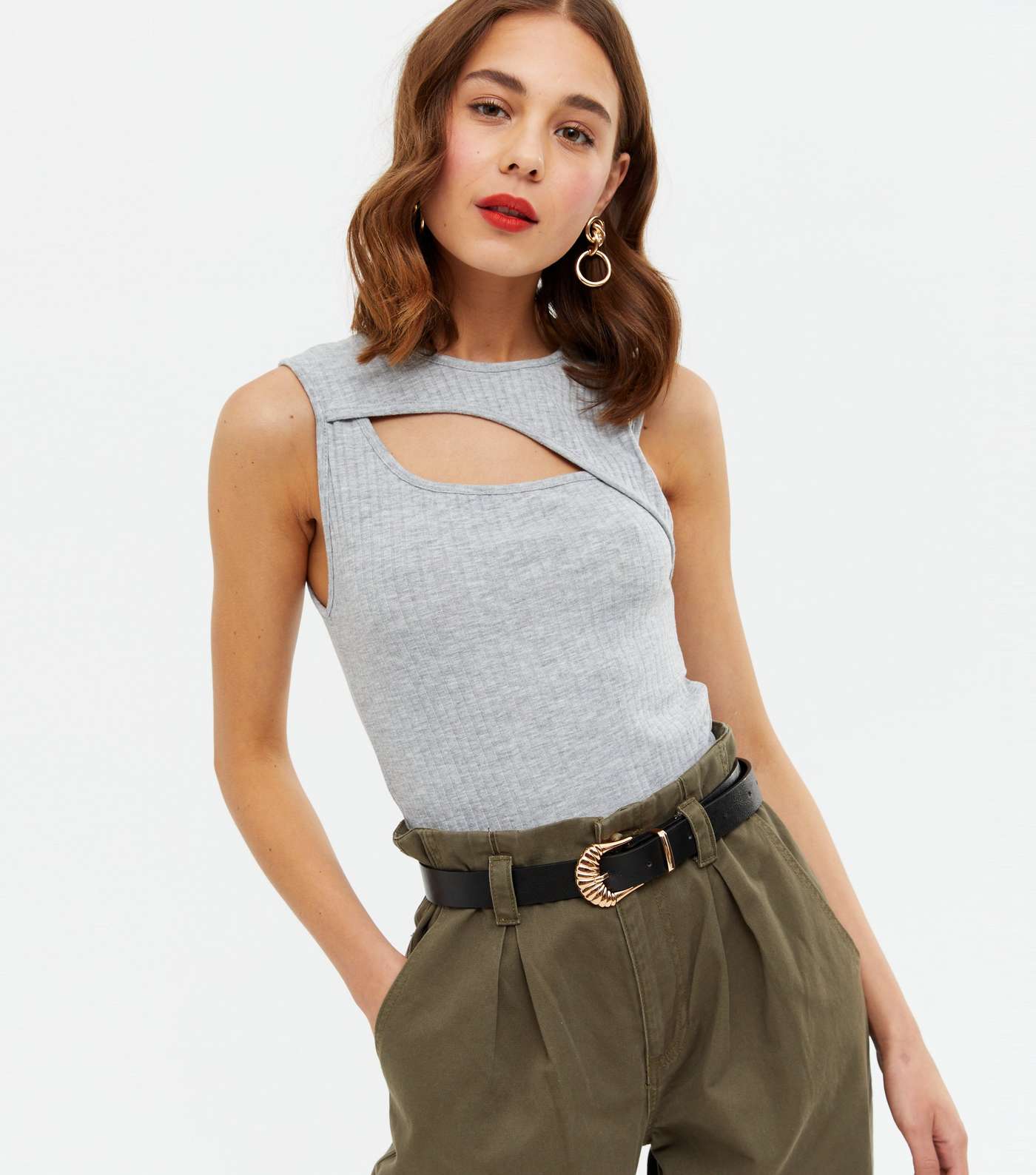Grey Marl Ribbed Cut Out Sleeveless Bodysuit