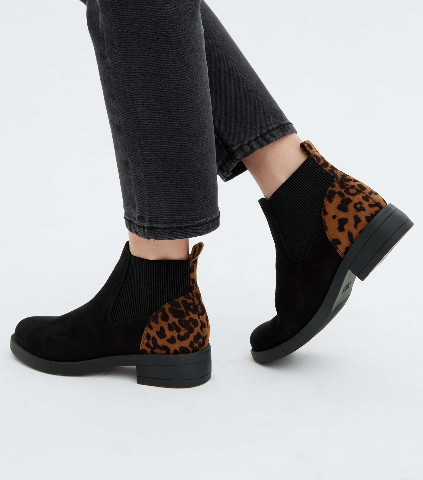 Black Leopard Print Suedette Elasticated Chelsea Boots Image 2