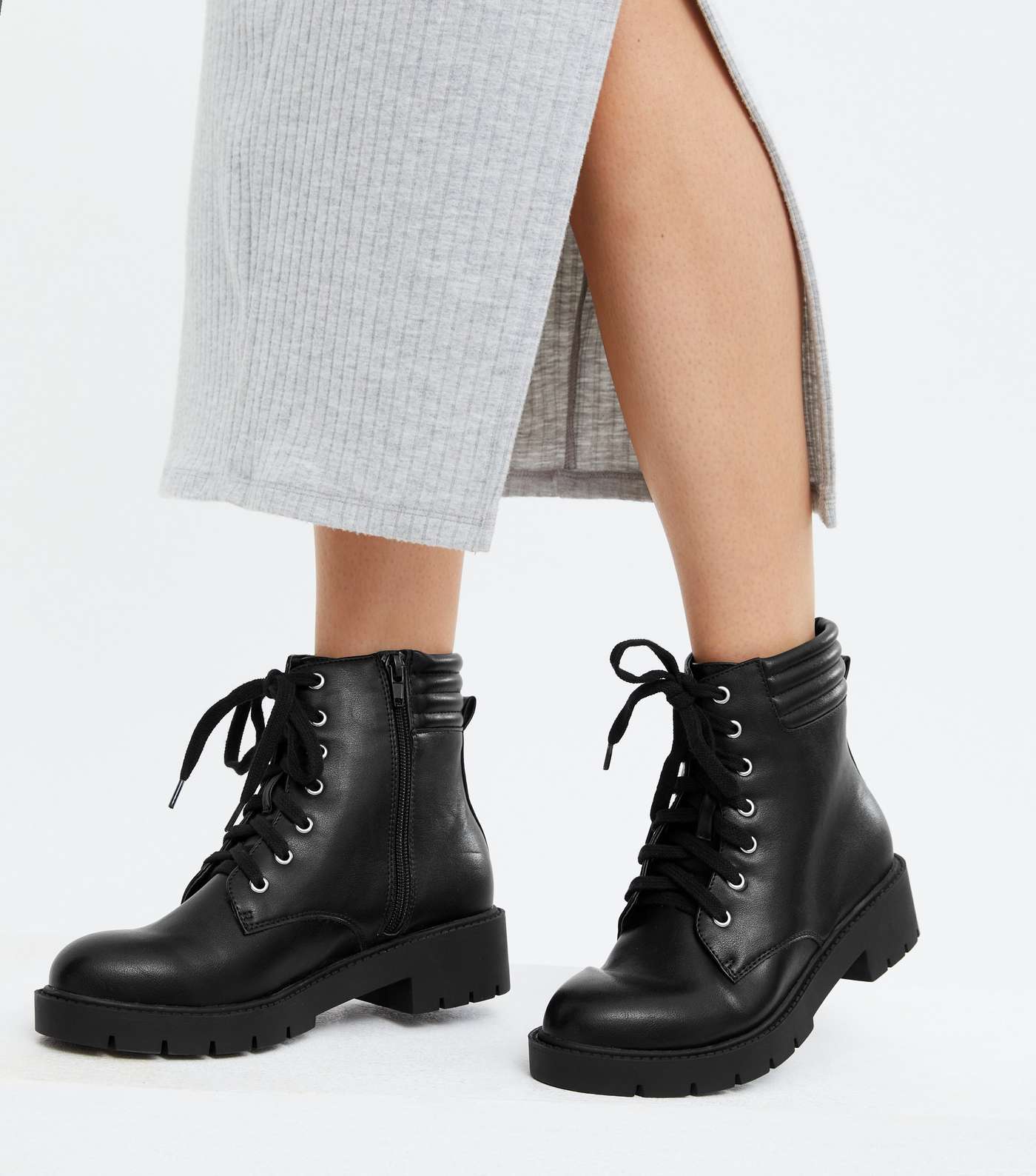 Black Padded Lace Up Chunky Ankle Boots Image 2