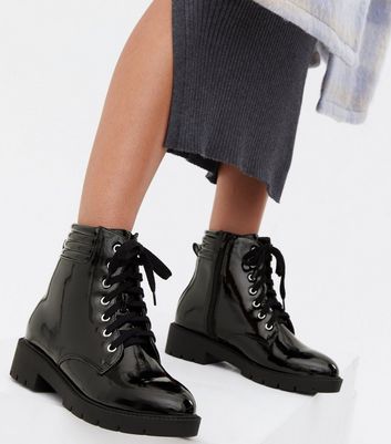 black patent lace up chunky ankle boots