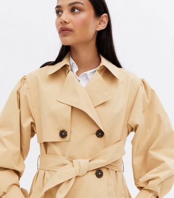 stone puff sleeve belted trench coat