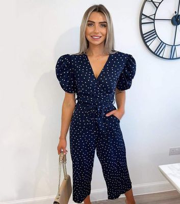 AX Paris Navy Spot Wrap Crop Wide Leg Jumpsuit New Look