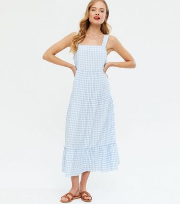 Blue Gingham Tiered Midi Dress
