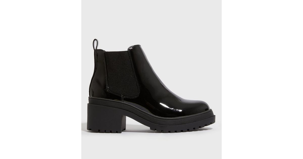 Wide Fit Black Patent Block Heel Chelsea Boots | New Look