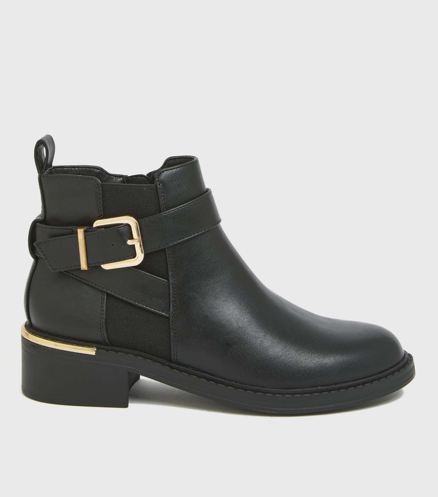 Wide Fit Black Leather-Look Buckle Ankle Boots
