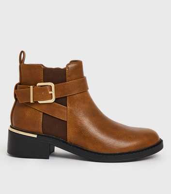 Wide Fit Tan Leather-Look Buckle Ankle Boots