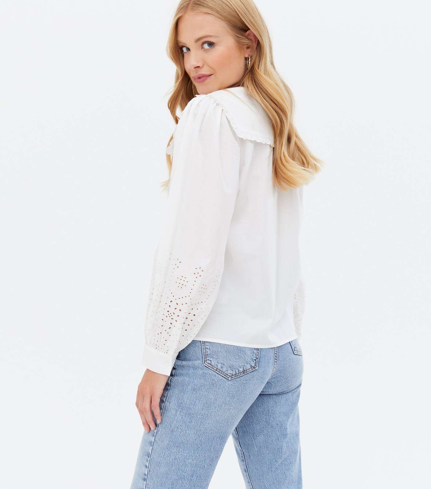 Off White Frill Collar Broderie Sleeve Shirt Image 4
