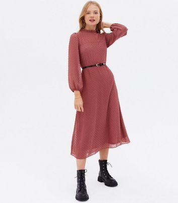 high neck belted midi dress