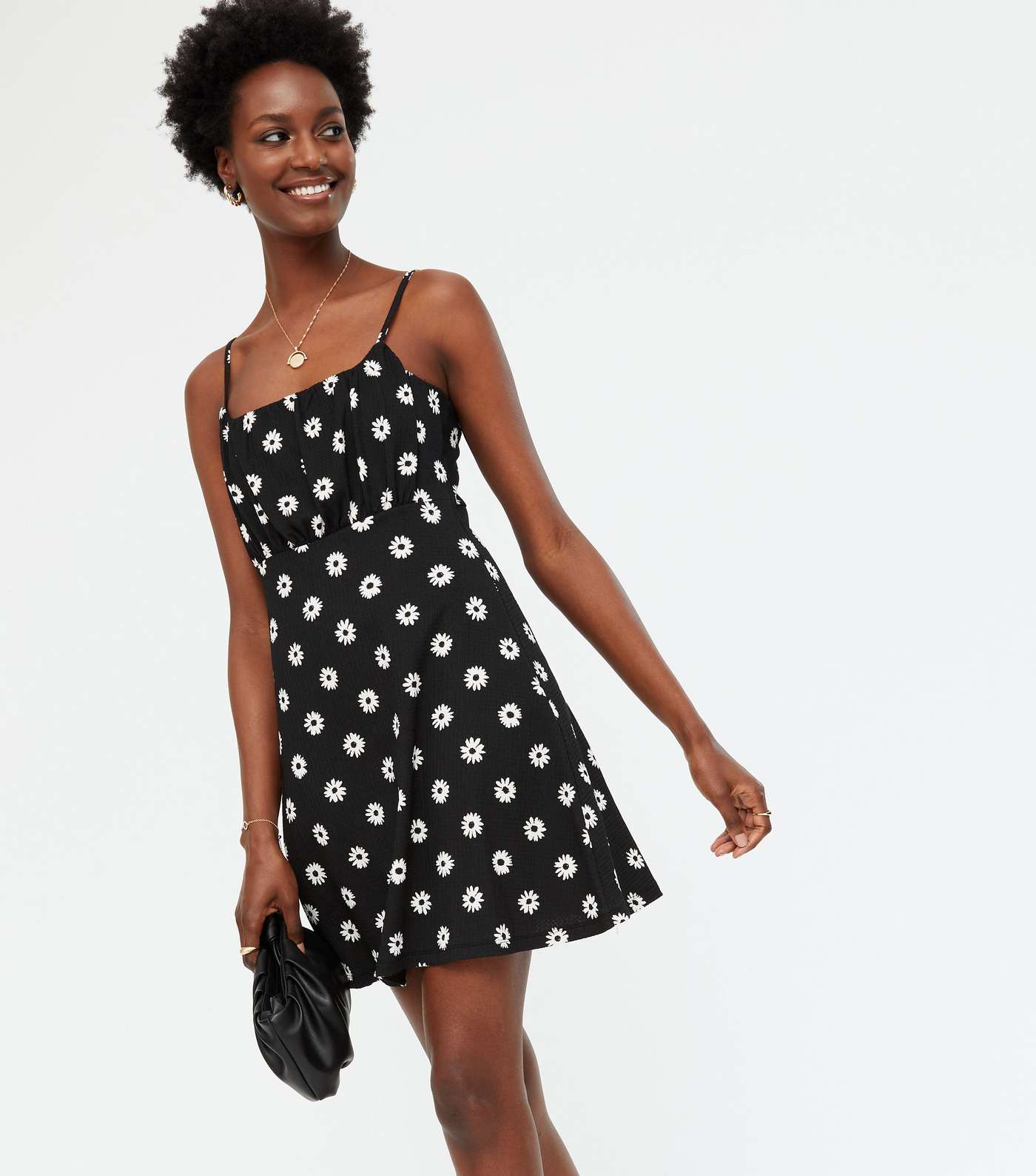 Black Floral Ruched Strappy Mini Dress