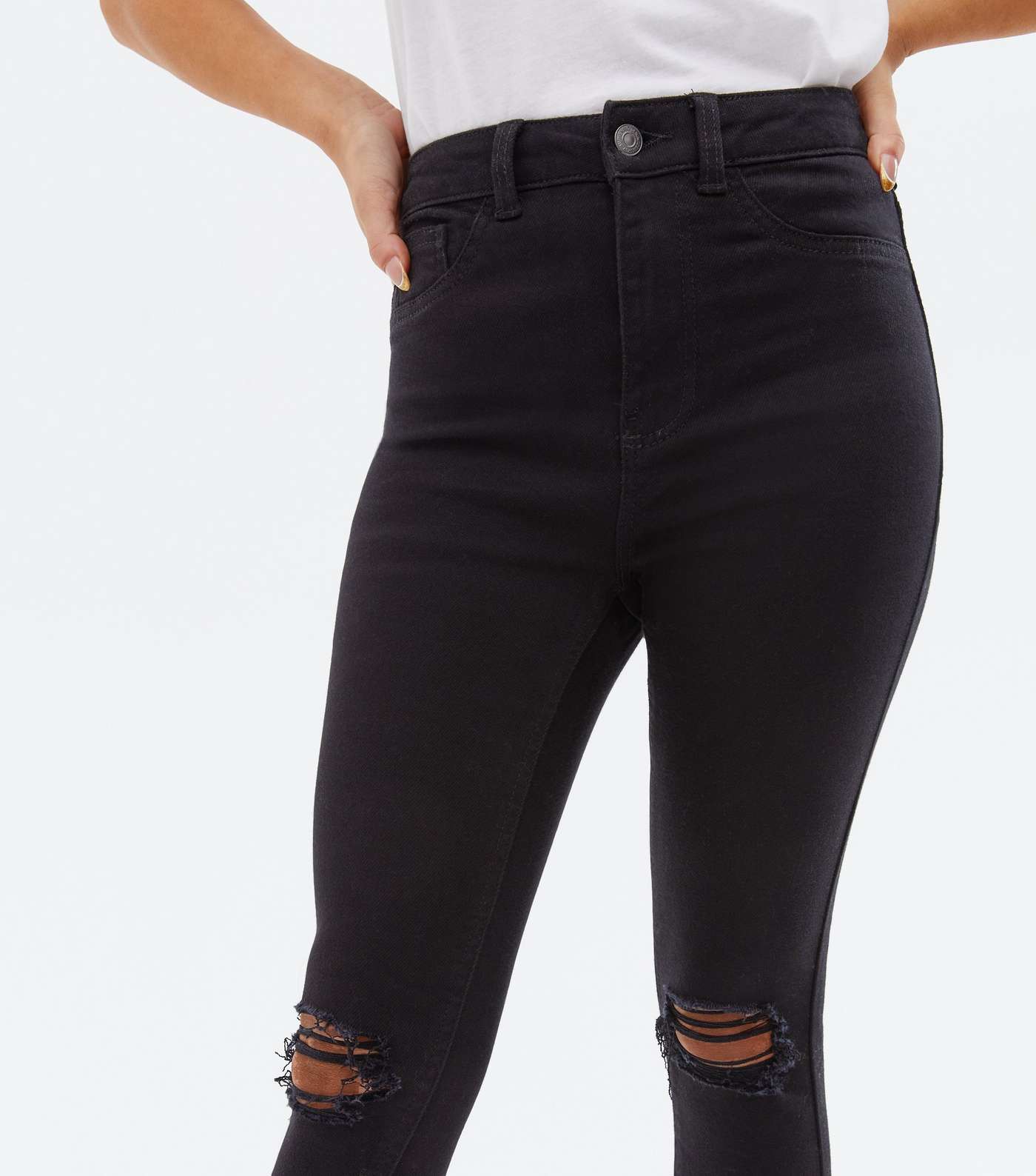 Petite Black Ripped High Waist Hallie Super Skinny Jeans Image 3