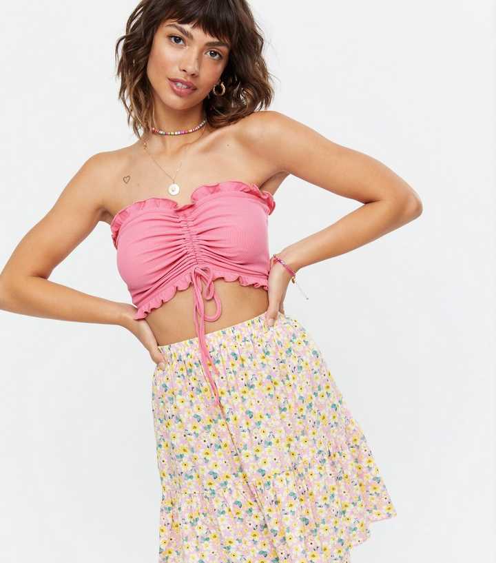 Pink Ribbed Ruched Bandeau Top 