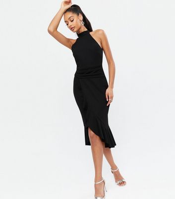 Black Waffle Halter Ruffle Midi Dress | New Look