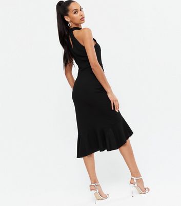 Black Waffle Halter Ruffle Midi Dress | New Look