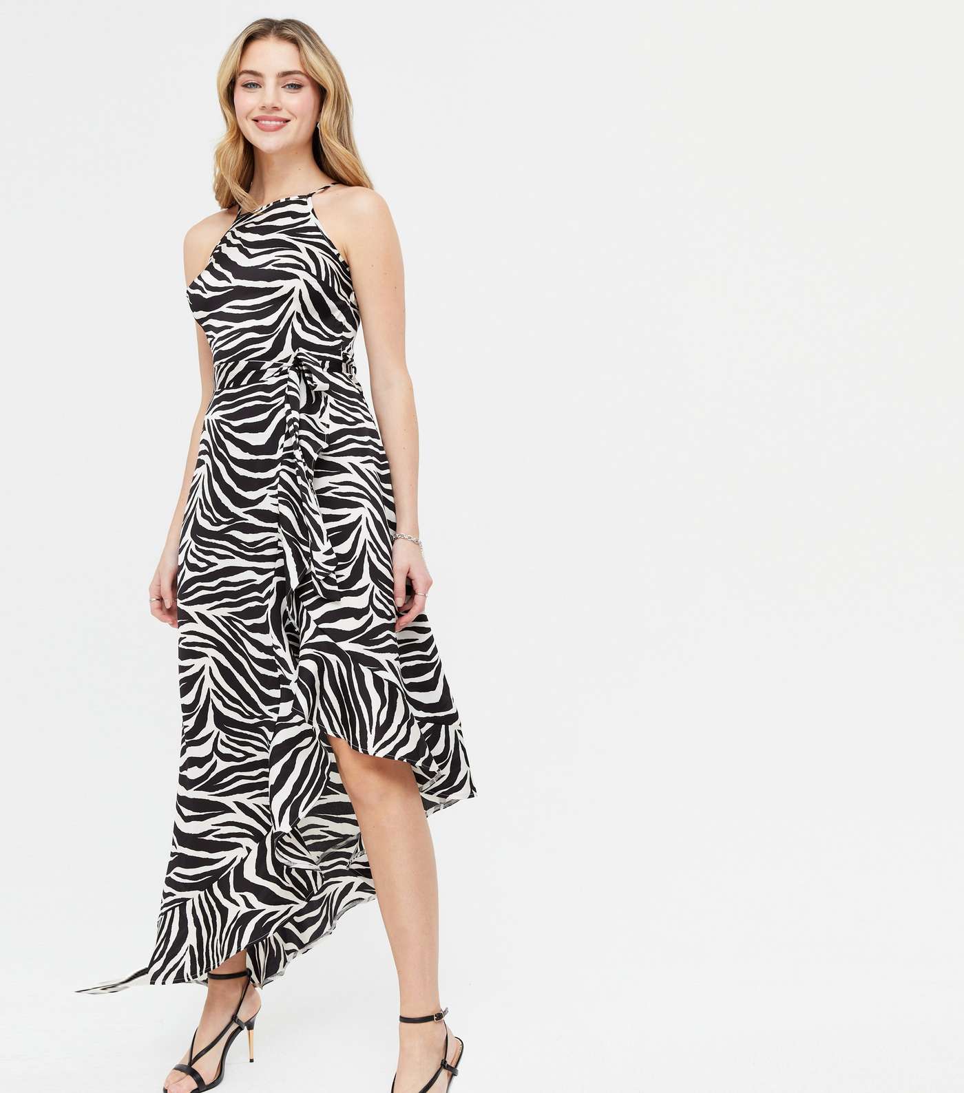 Black Zebra Square Neck Asymmetric Ruffle Midi Dress Image 2