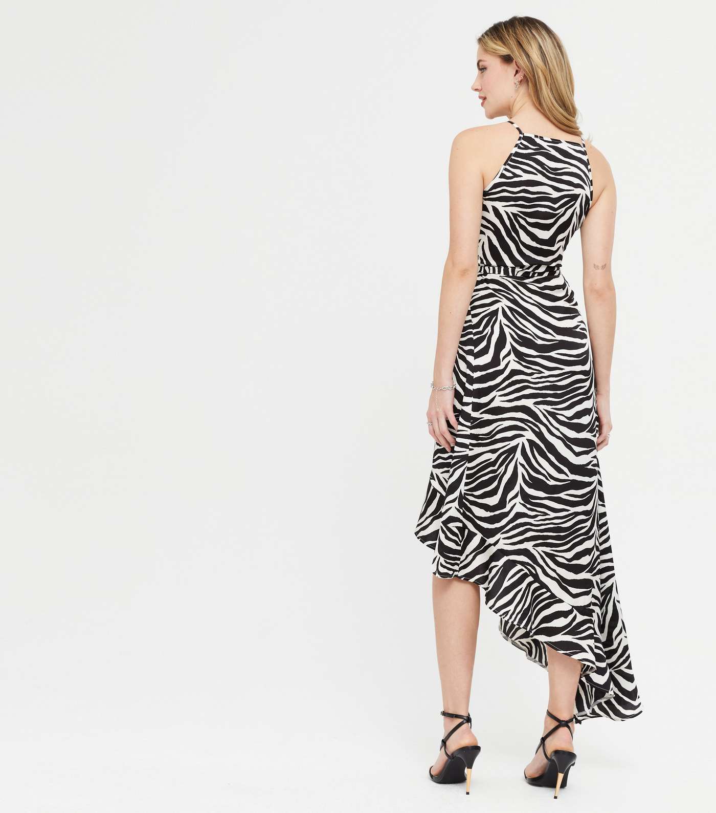 Black Zebra Square Neck Asymmetric Ruffle Midi Dress Image 4