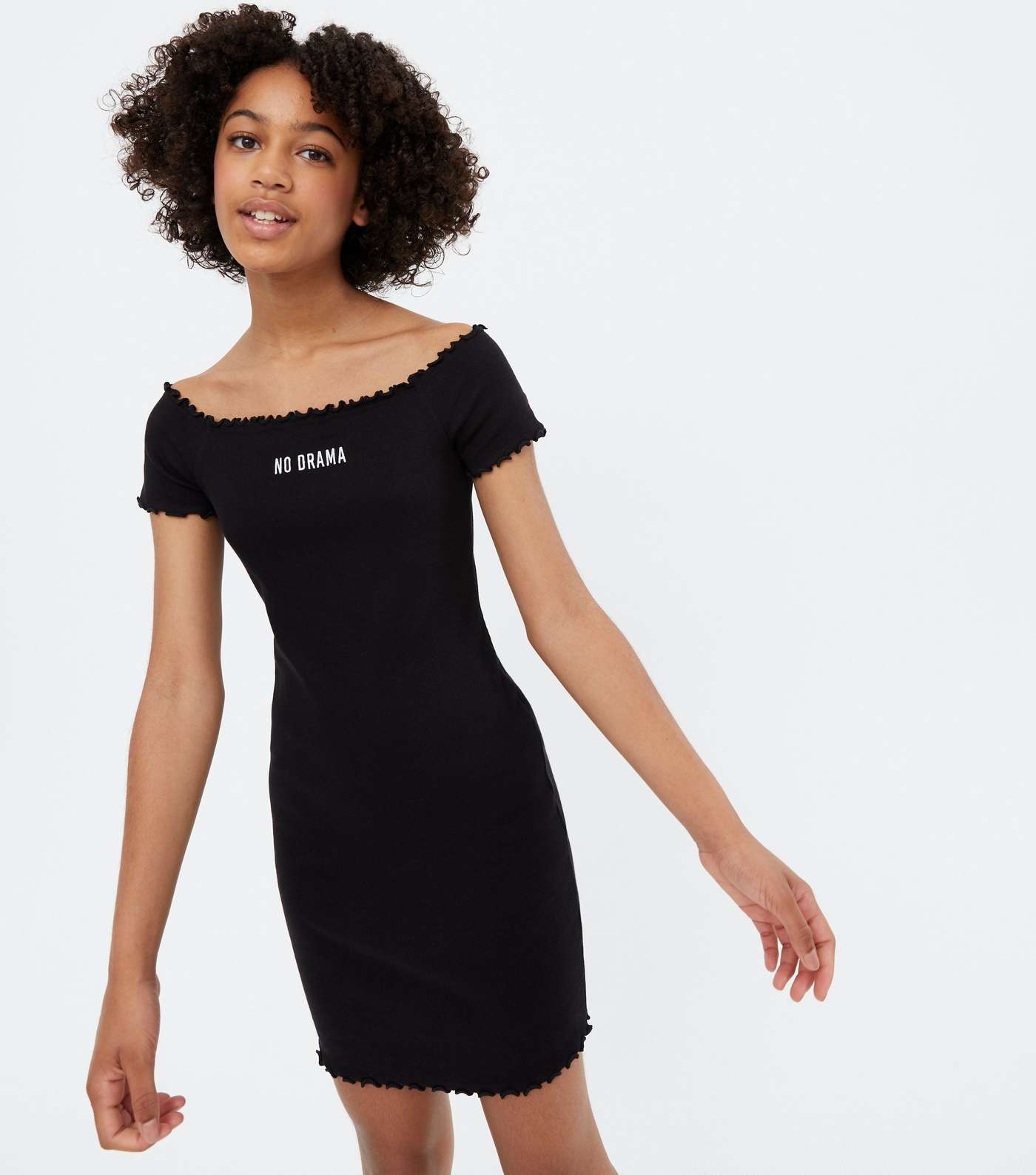 Girls Black Ribbed Jersey Logo Bardot Dress