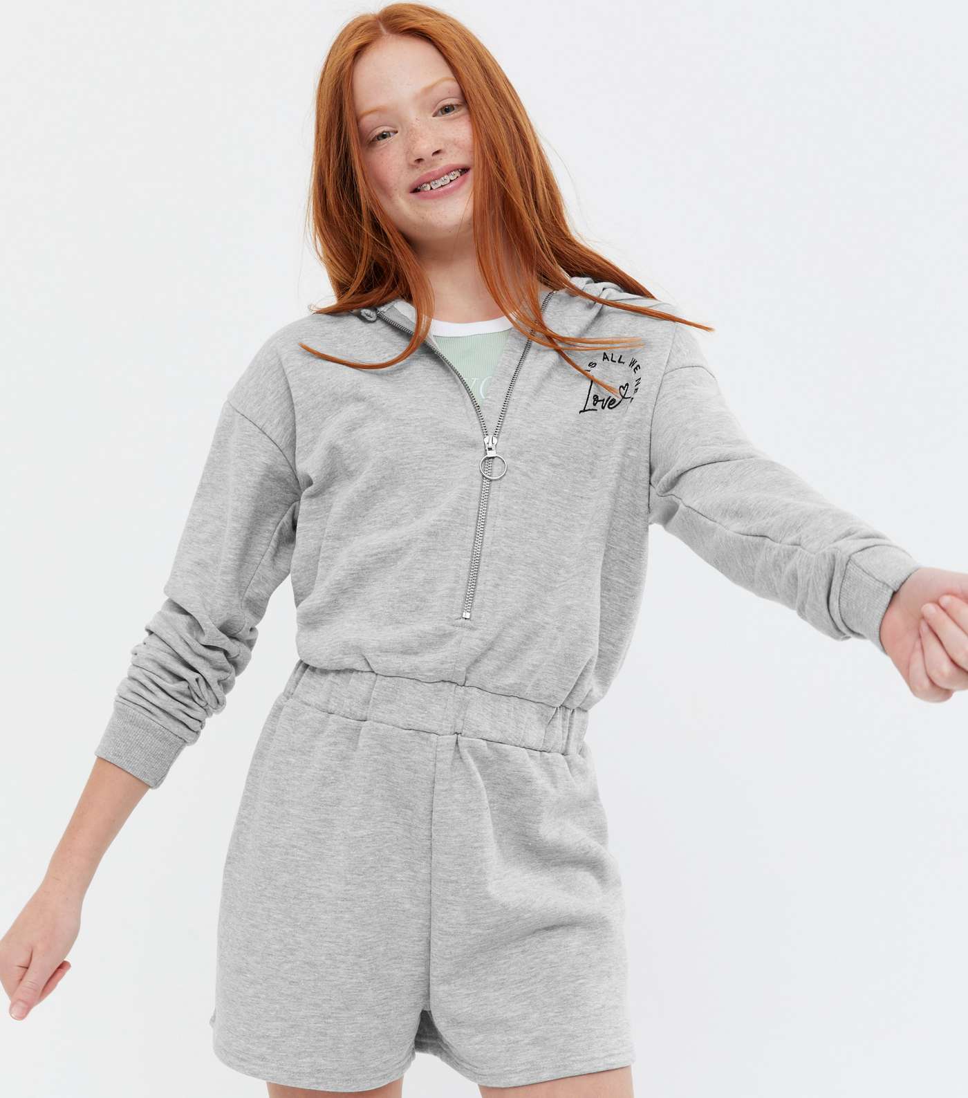 Girls Grey Jersey Zip Love Logo Hooded Playsuit
