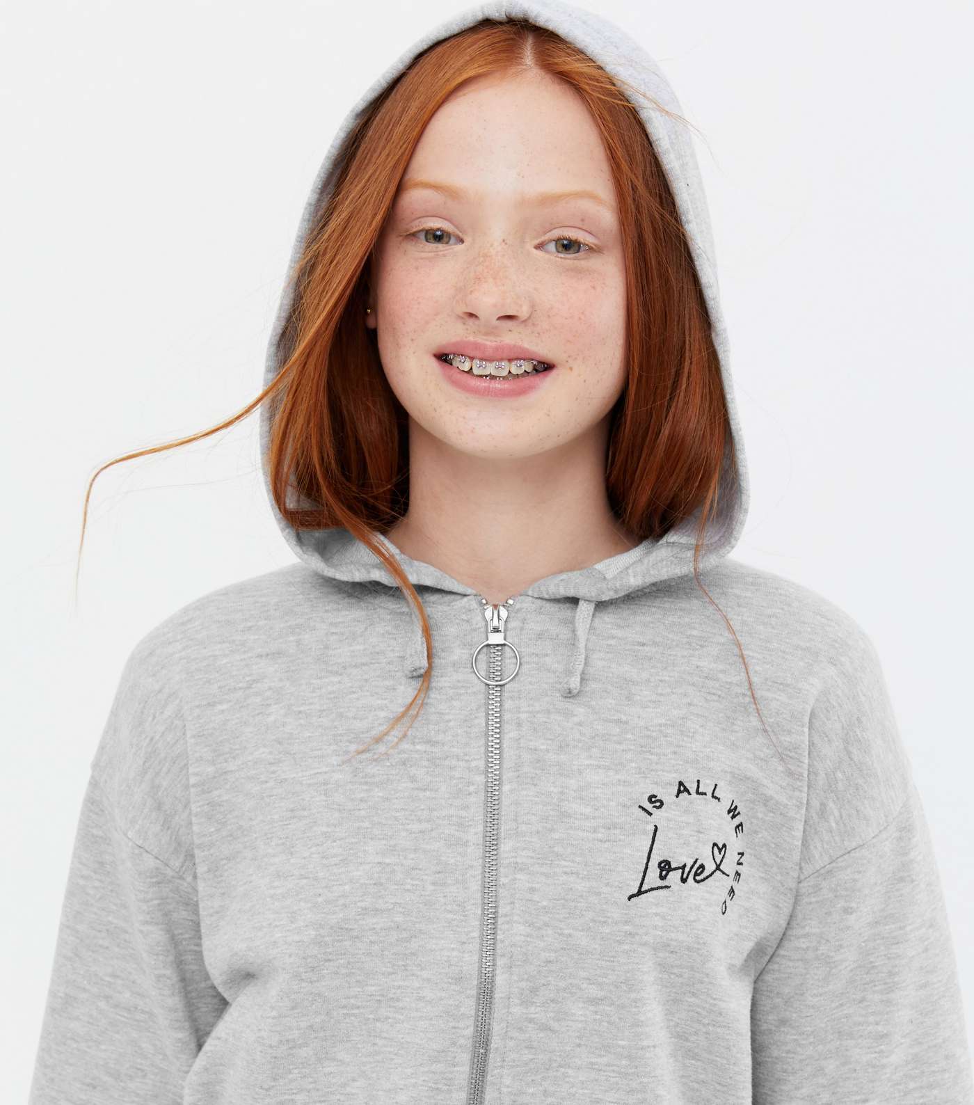 Girls Grey Jersey Zip Love Logo Hooded Playsuit Image 3