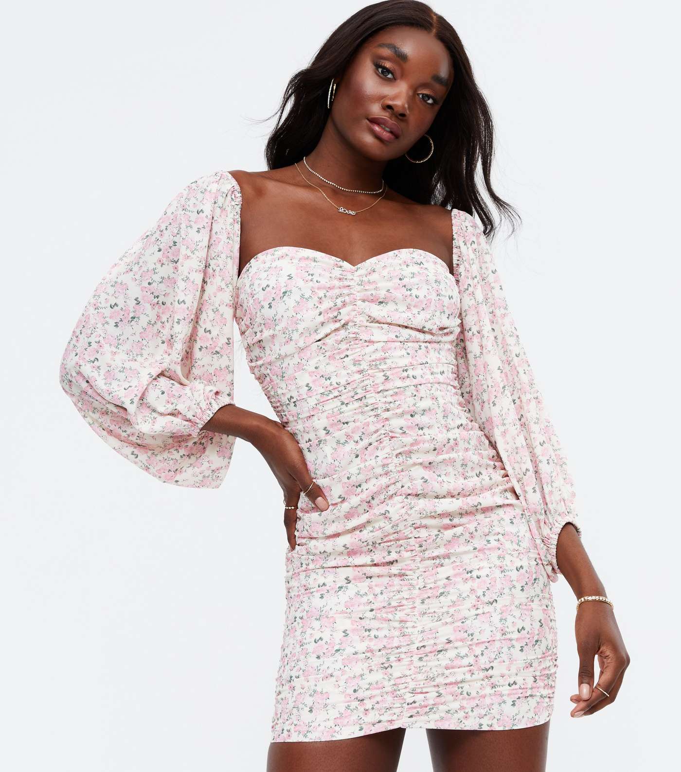 Pink Ditsy Floral Ruched Puff Sleeve Mini Dress Image 2