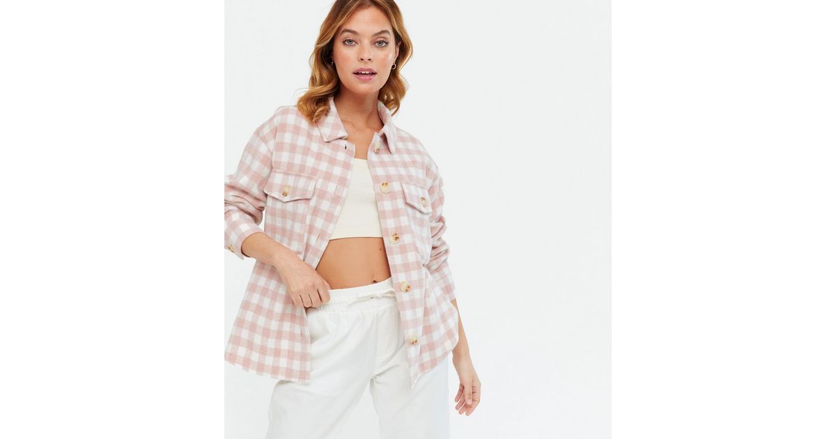 Petite Pink Gingham Double Pocket Shacket | New Look