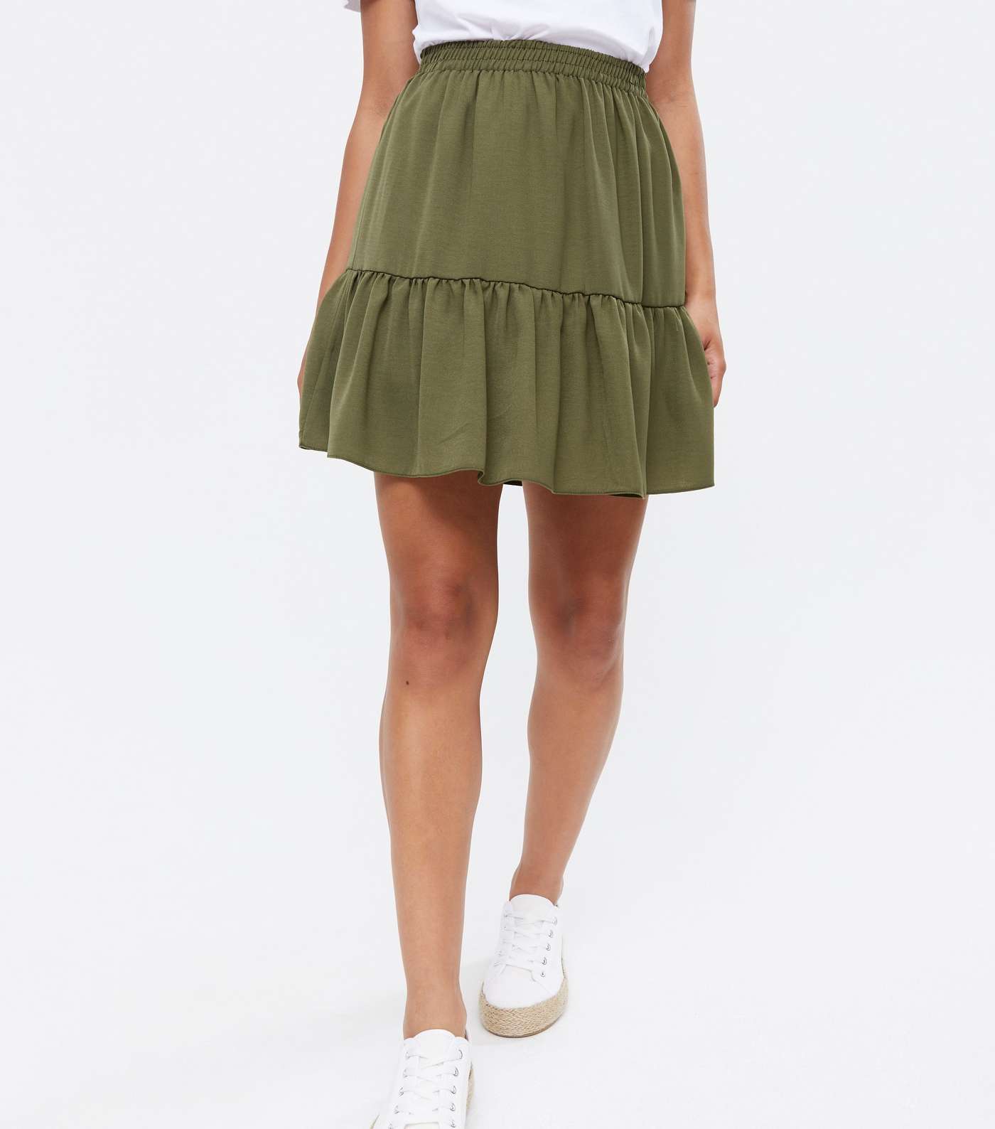 Olive Herringbone Tiered Mini Skirt  Image 2
