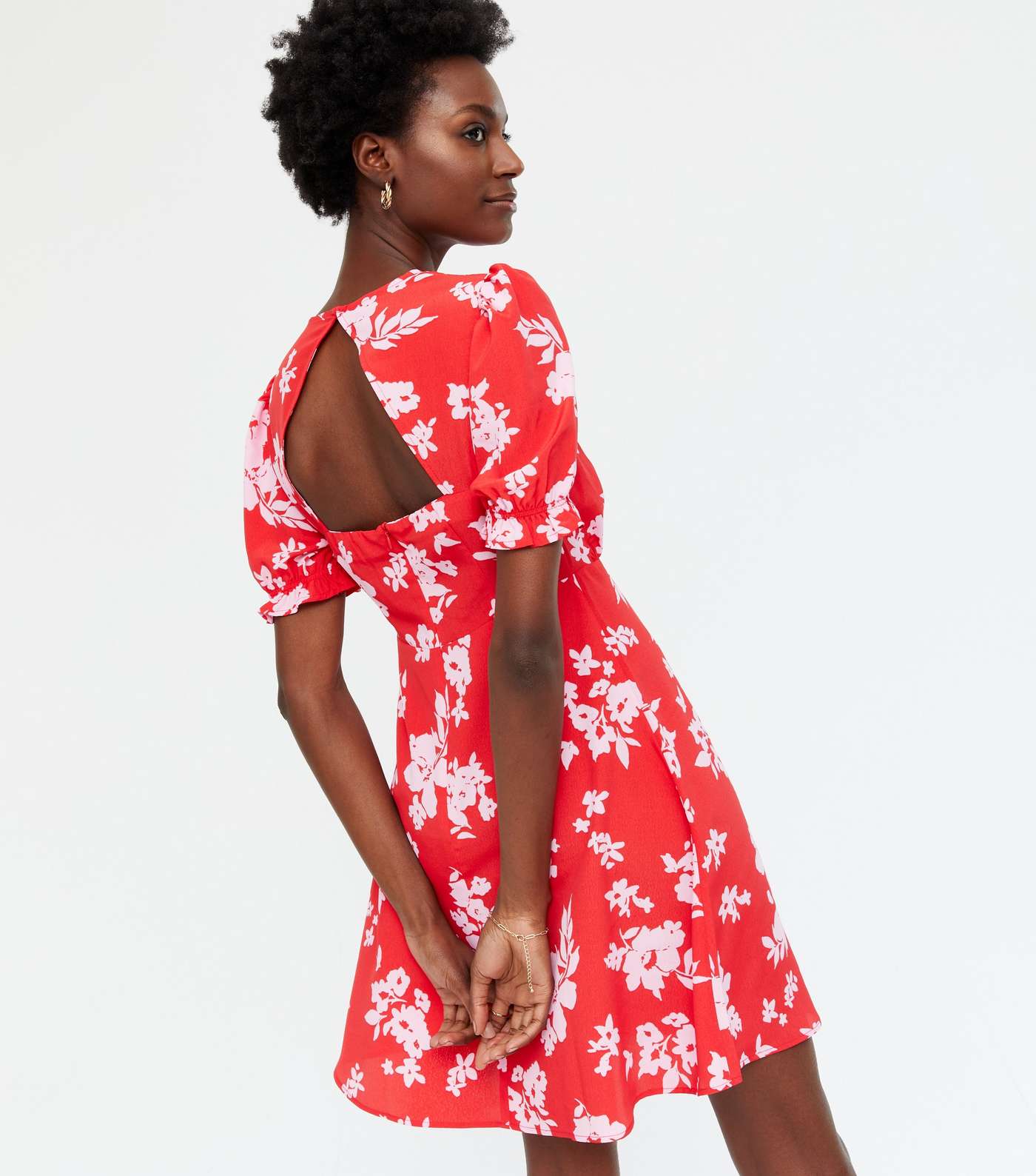 Red Floral Puff Sleeve Open Back Mini Dress Image 4