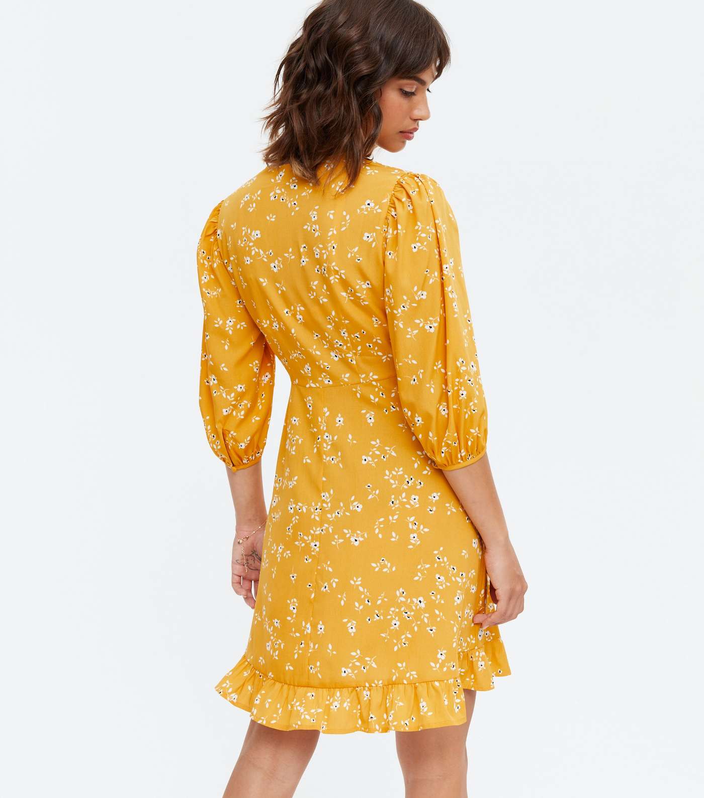 Yellow Floral Frill Mini Dress Image 4