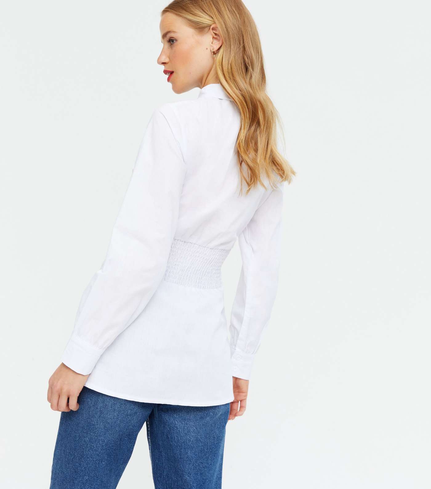 White Poplin Shirred Waist Long Shirt Image 4