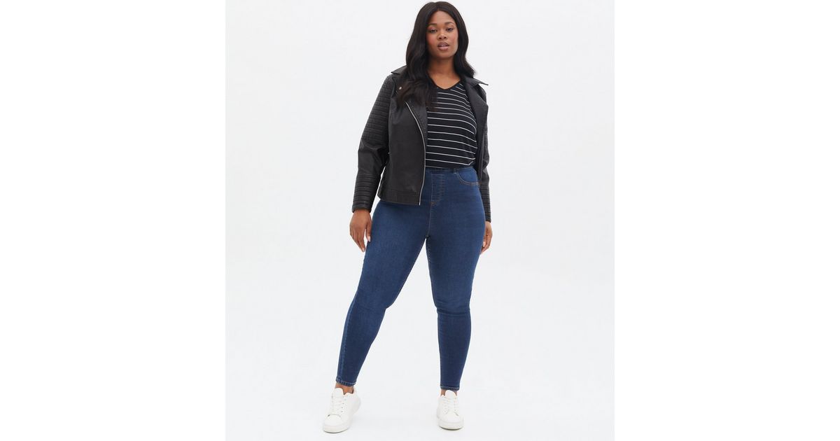 Curves Blue Mid Rise Life & Shape Emilee Jeggings | New Look