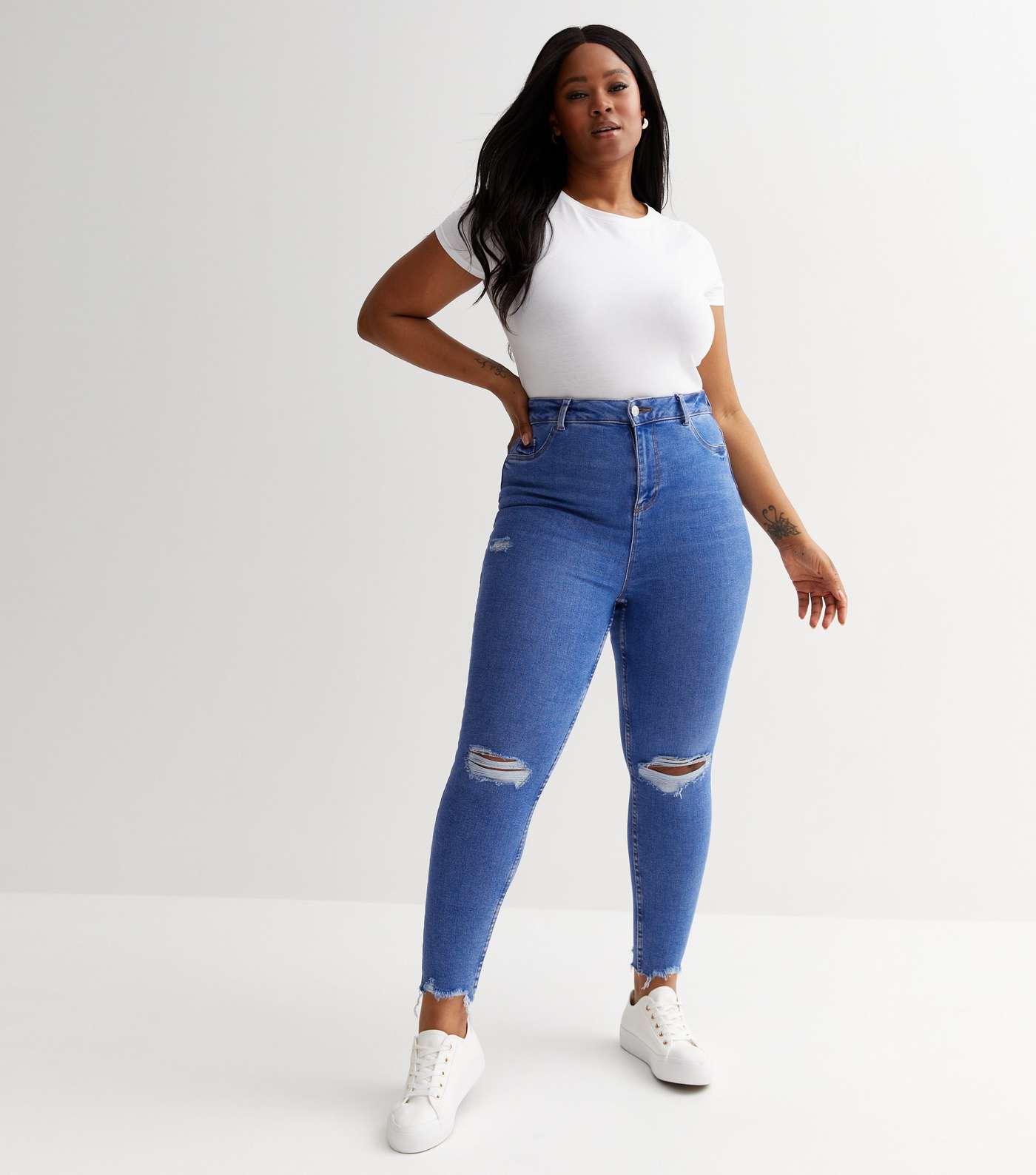 Curves Bright Blue Ripped High Waist Hallie Super Skinny Jeans Image 2