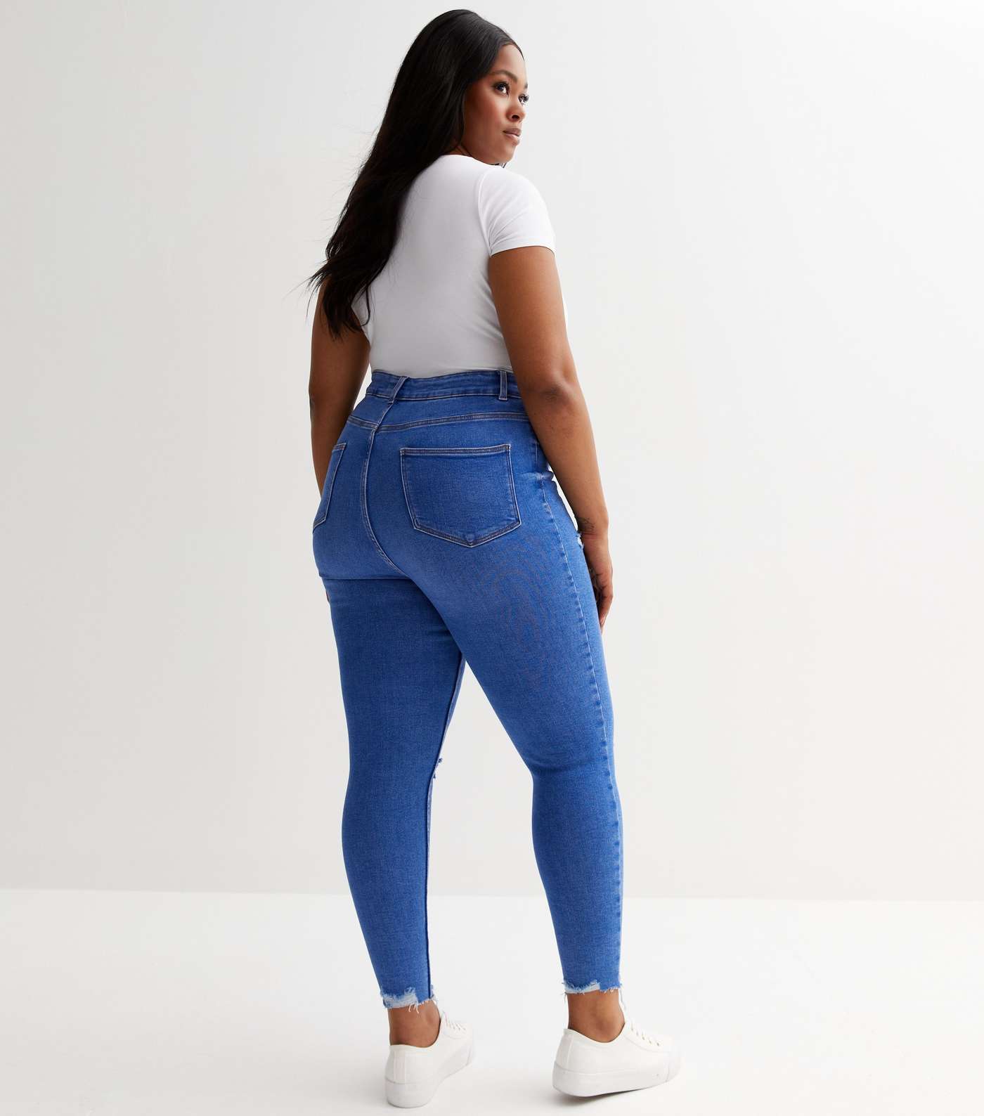 Curves Bright Blue Ripped High Waist Hallie Super Skinny Jeans Image 4