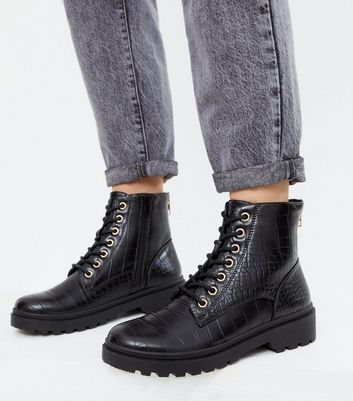 Click to view product details and reviews for Black Faux Croc Zip Back Chunky Ankle Boots New Look Vegan.