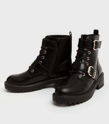 Black Lace Up Buckle Chunky Biker Boots New Look Vegan