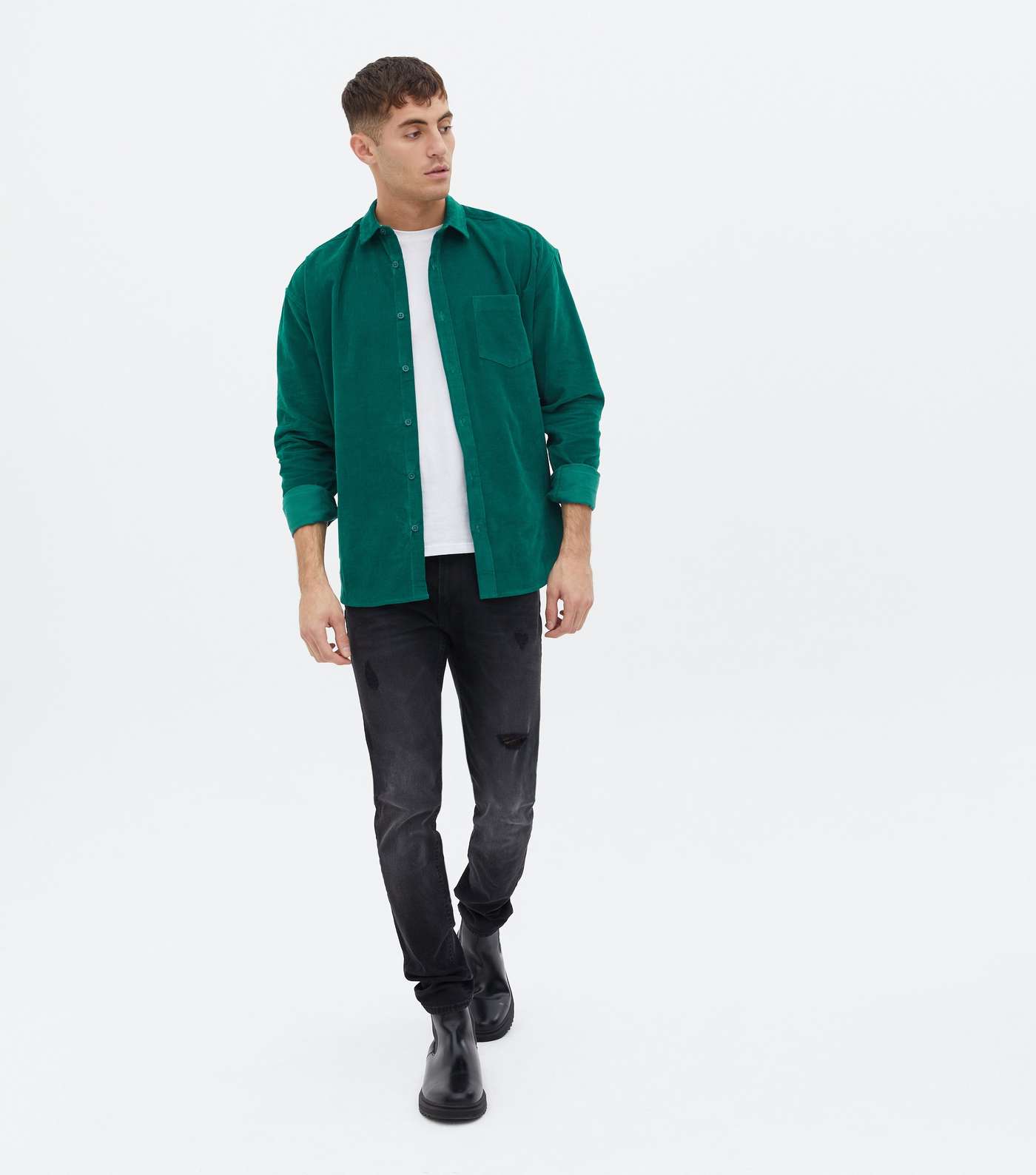 Dark Green Cord Long Sleeve Oversized Shirt Image 3